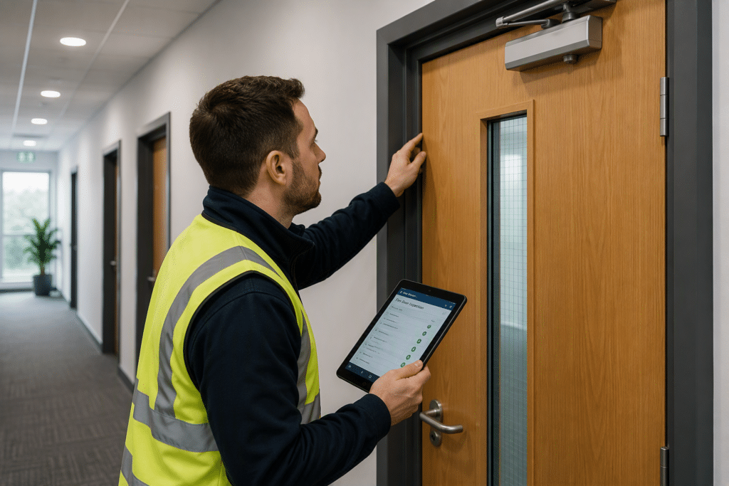 Professional fire door inspection of a fire-resisting door in a commercial building